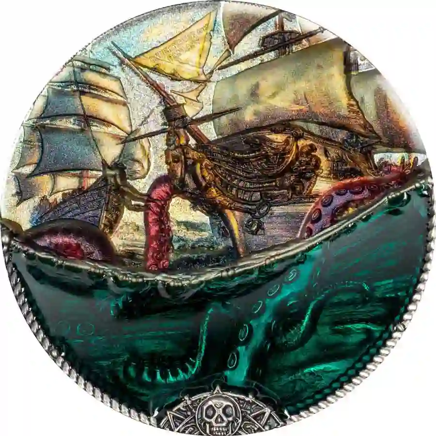 monster-rev 2025 Cook Islands 3 Ounce Underwater Fantasy Sea Monster Colored Silver Coin