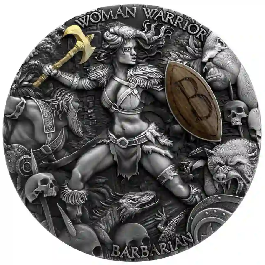 rev 2024 Niue 2 Ounce Woman Warrior Barbarian Ultra High Relief Silver Coin
