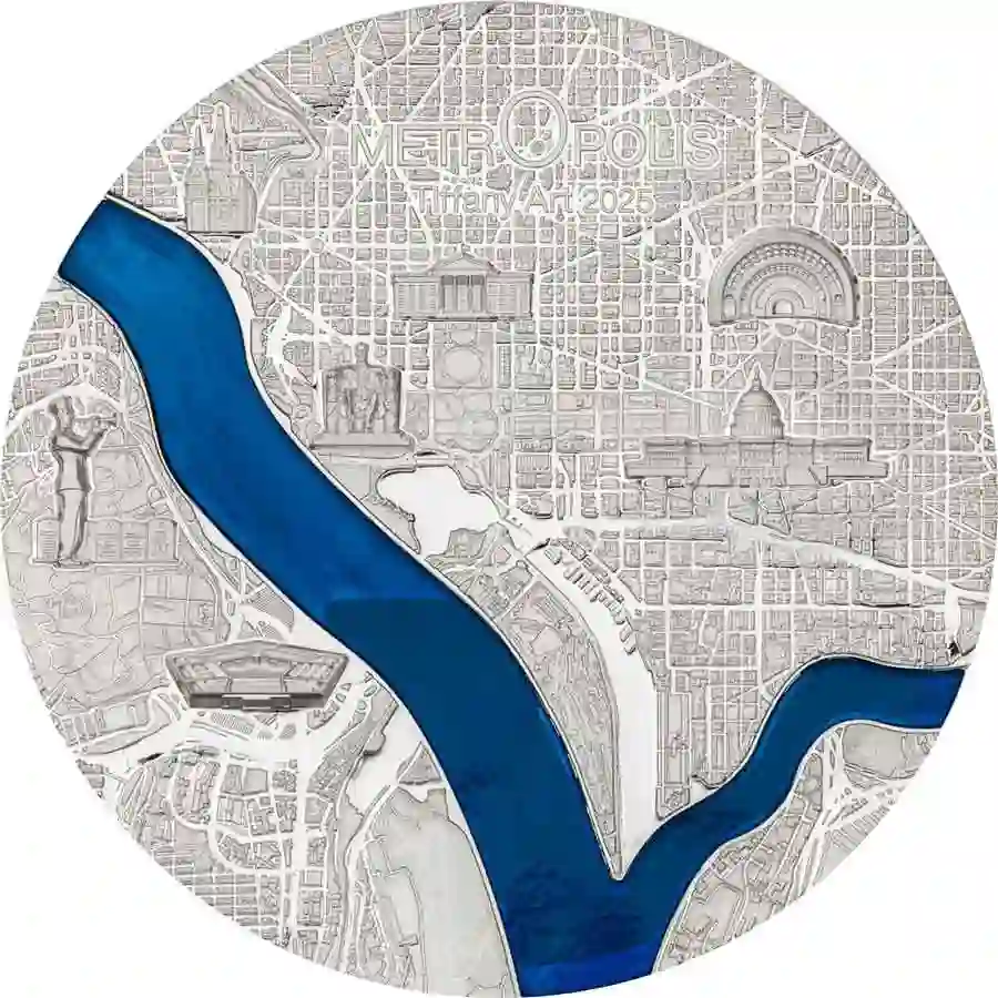 tiffany-3-oz-rev 2025 Palau 3 Ounce Tiffany Art Metropolis Washington Ultra High Relief Silver Proof Coin