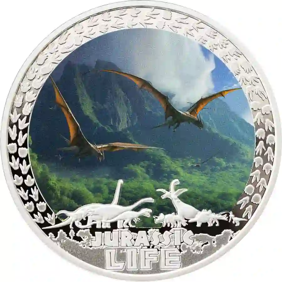 pterodactyl-rev 2025 Liberia 1 Ounce Jurassic Life Pterodactyl Colored Silver Proof Coin