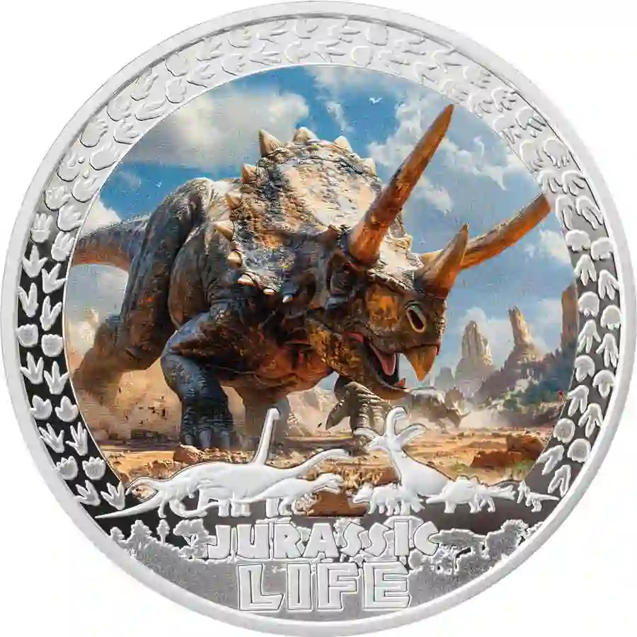 triceratops-rev 2025 Liberia 1 oz Jurassic Life Triceratops Colored Silver Proof Coin