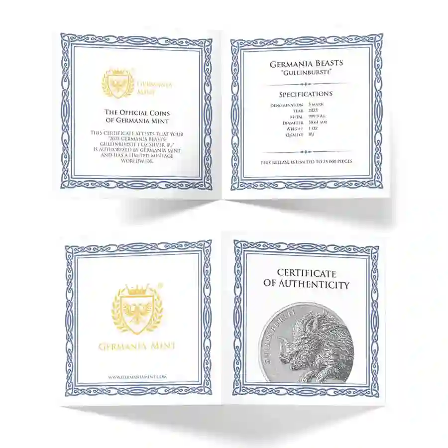 cert-1-oz-bu 2025 Germania Beasts Gullinbursti 5 Marks BU Silver Coin