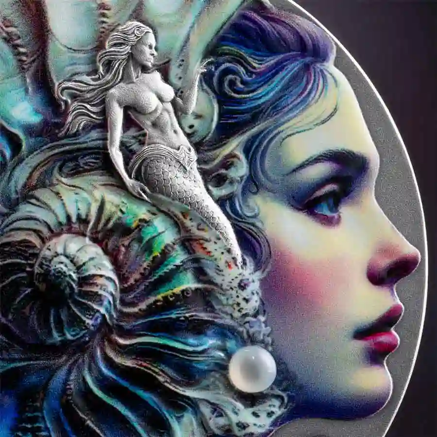 mermaid-detail 2025 Cameroon Nature Spirits Mermaid Color Antiqued Silver Coin