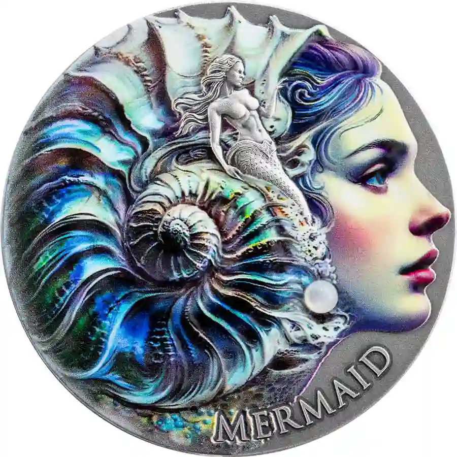 mermaid-rev 2025 Cameroon 2 Ounce Nature Spirits Mermaid Color Antiqued Silver Coin