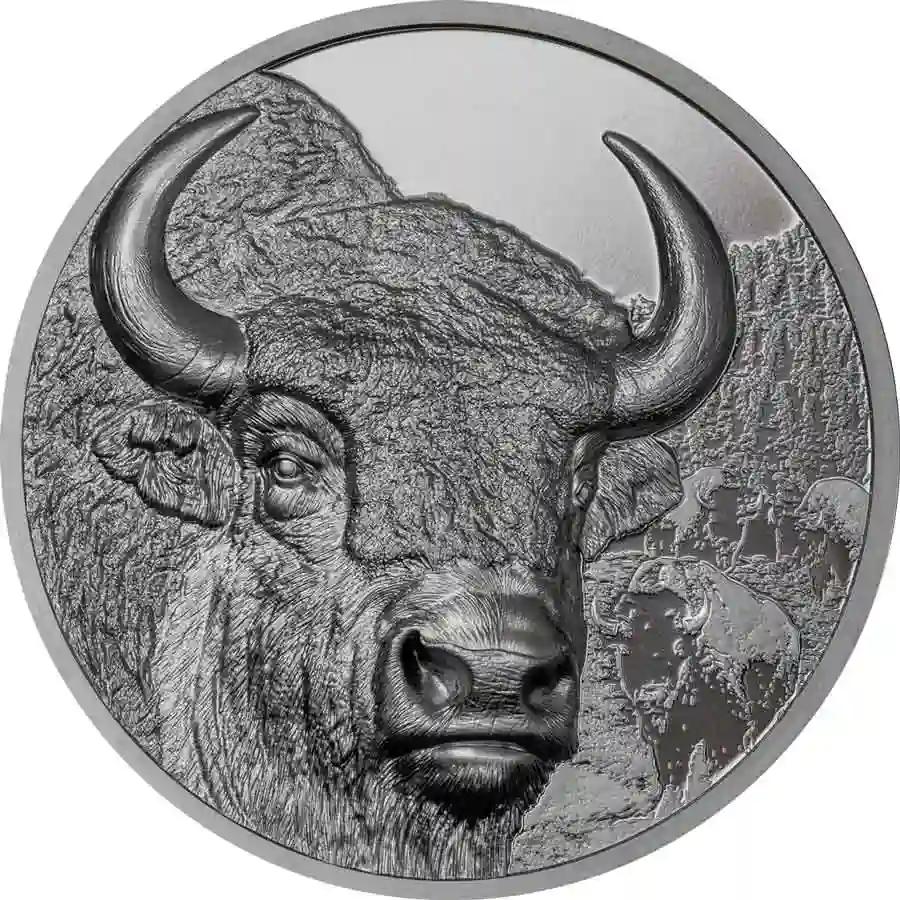 bison-bp-rev 2025 Mongolia 2 Ounce Bison Ultra High Relief Black Proof Silver Coin