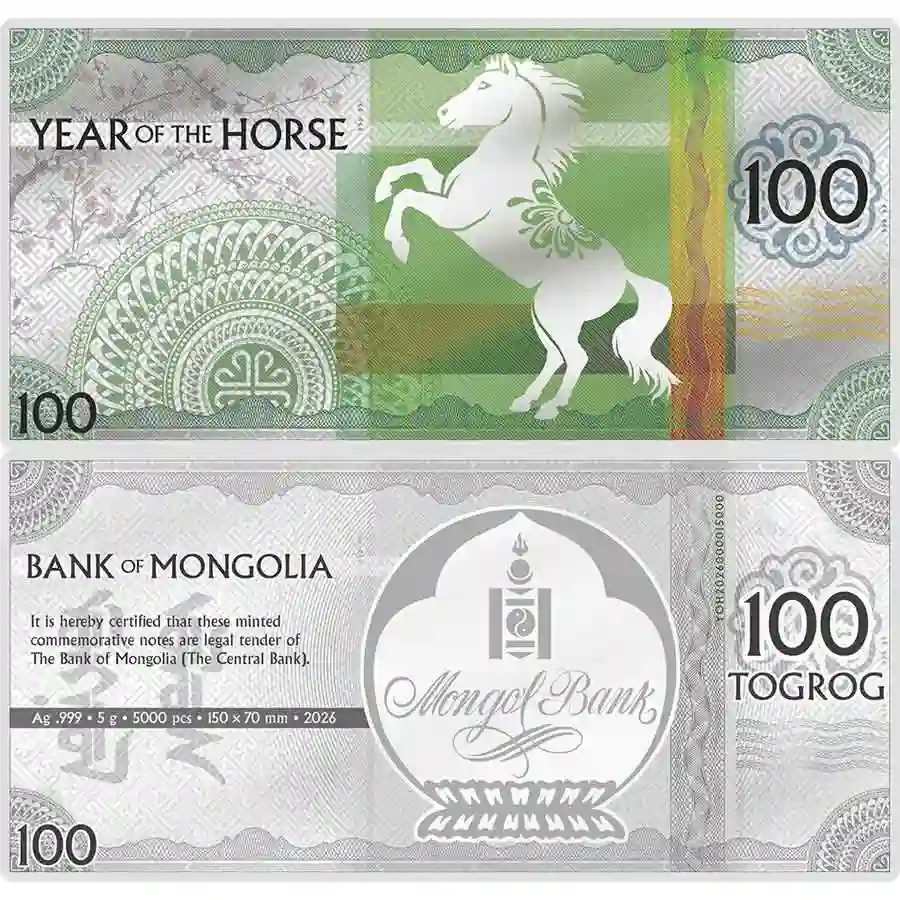 horse-note 2026 Mongolia 5 Gram Year of the Horse Minted Silver Bank Note
