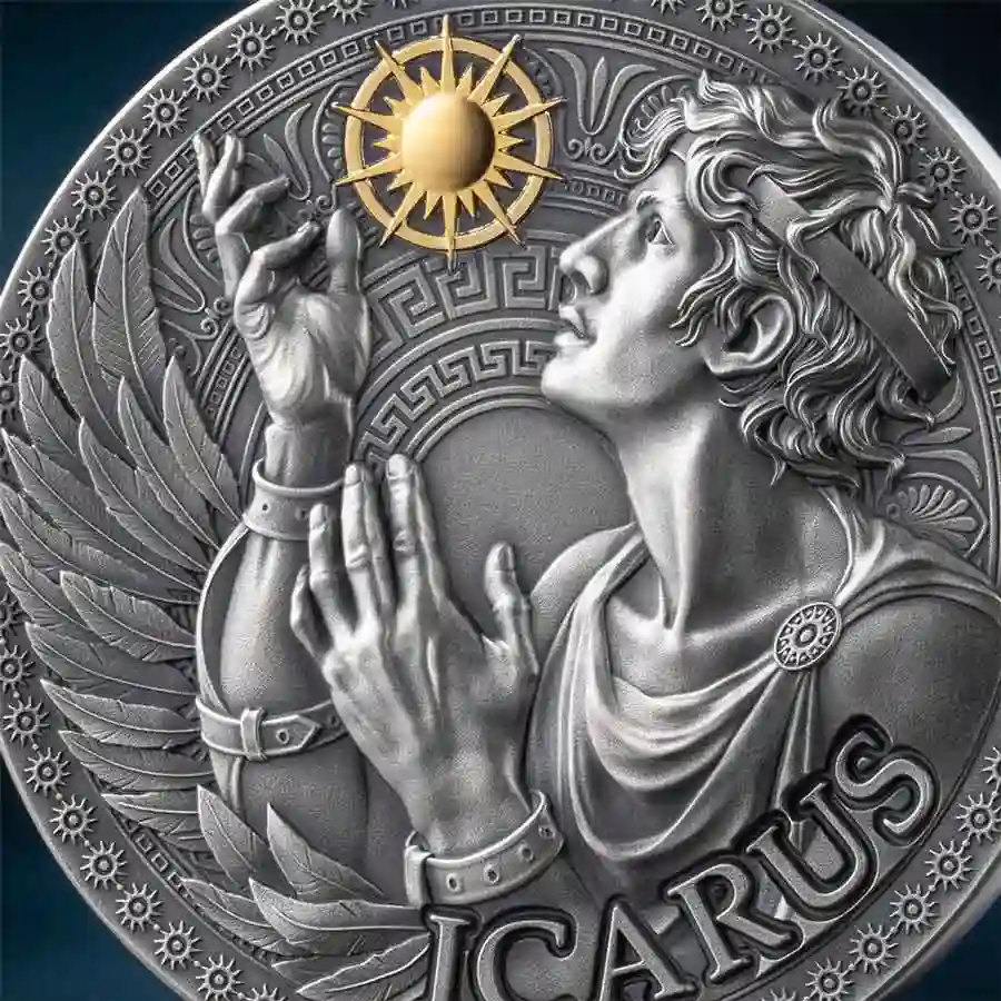 icarus-detail 2025 Cameroon Icarus 24K Gilded High Relief Silver Coin