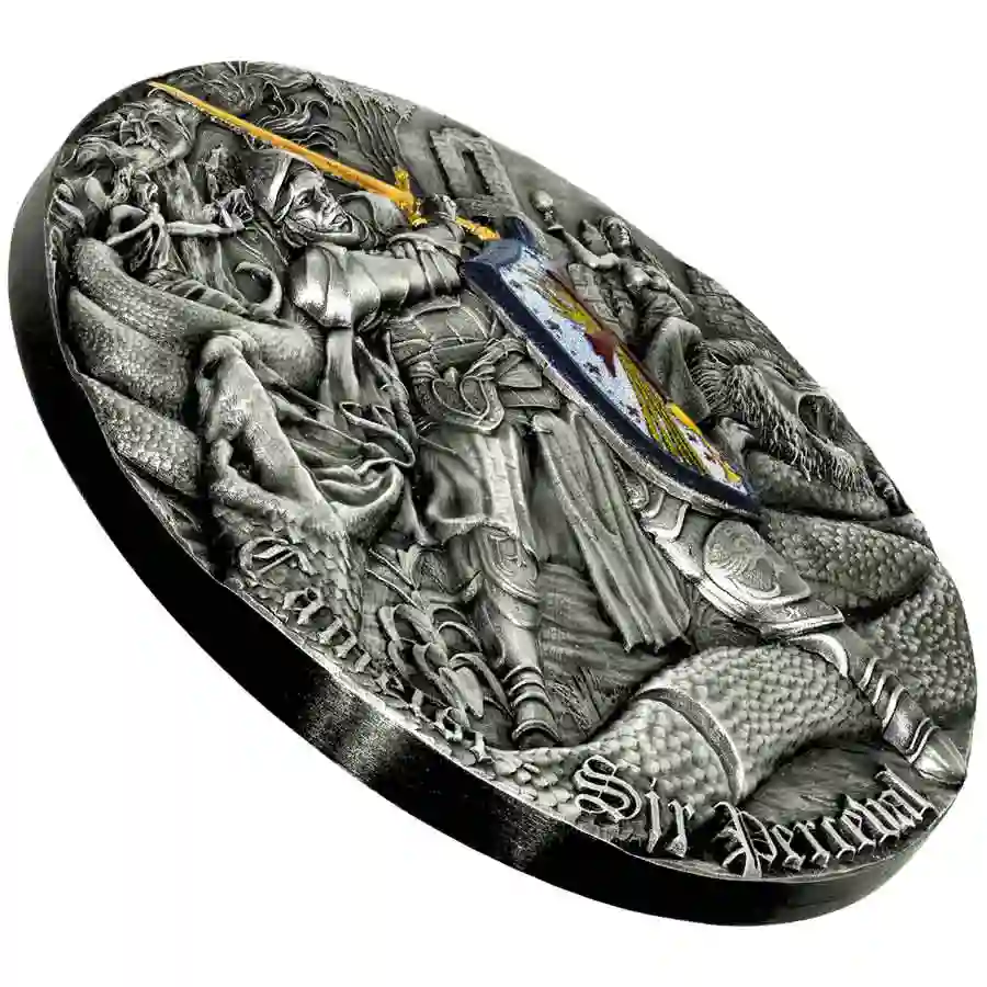 iso 2023 Niue 2 Ounce Sir Perceval High Relief Gilded Antiqued Silver Coin