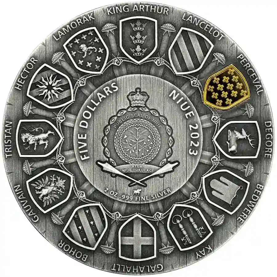 obv 2023 Niue 2 oz Camelot Sir Perceval High Relief Gilded Antiqued Silver Coin