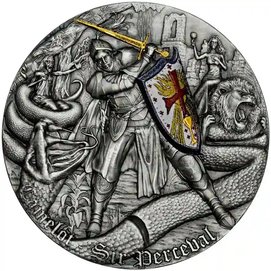 rev 2023 Niue 2 Ounce Camelot Sir Perceval High Relief Gilded Antiqued Silver Coin