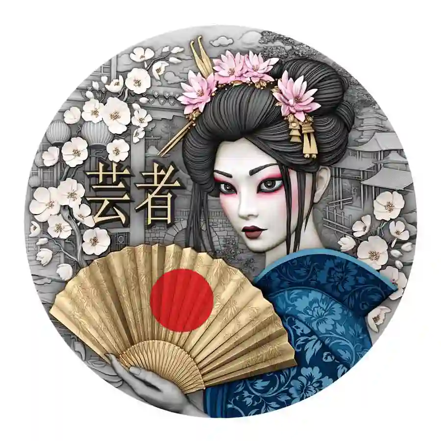 rev 2025 Niue 2 Ounce Geisha UV Colored 24K Gilded HR Silver Coin