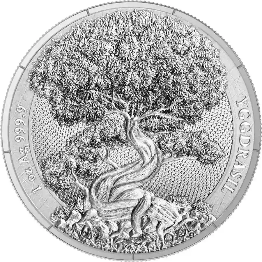 bu-rev 2025 Germania 1 Ounce Mythical Forest Yggdrasil 5 Marks BU Silver Round