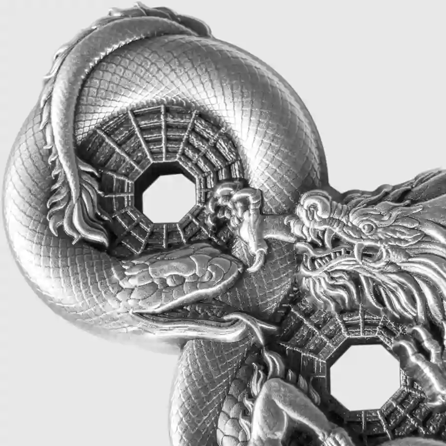 detail 2025 Figure 8 Dragon & Snake Ultra High Relief Silver Coin