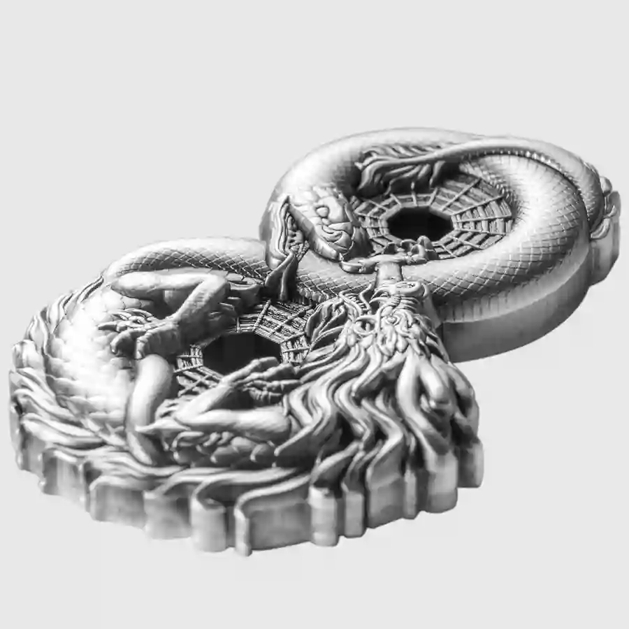iso Buy at Art in Coins, the 2025 Chad 3 Ounce Figure 8 Dragon & Snake Ultra High Relief Antiqued Silver Coin