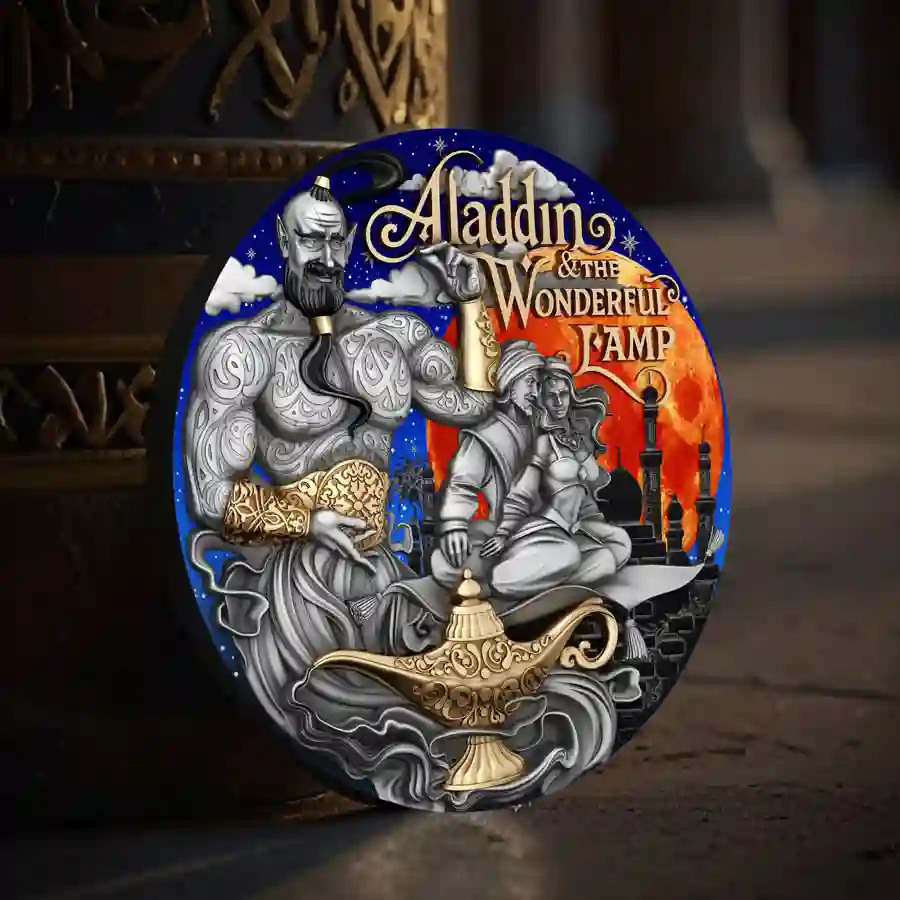 mood 2025 Niue 2 Ounce Aladdin's Magic Lamp UV Colored 24K Gilded Silver Coin