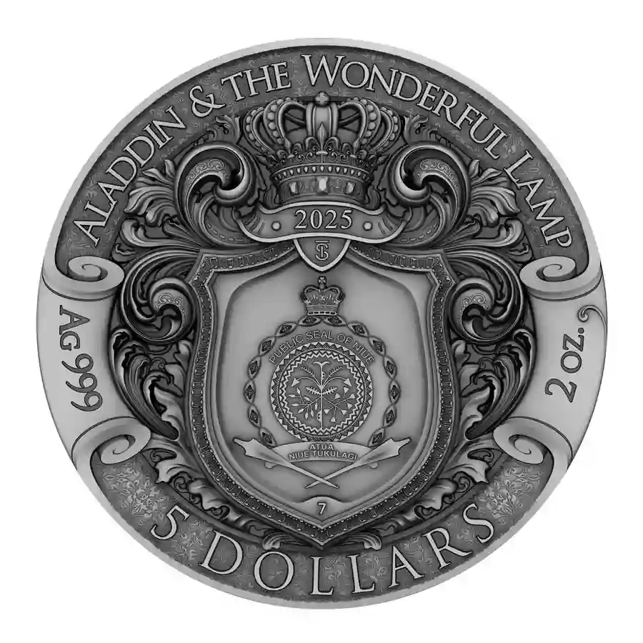 obv 2025 Niue 2 oz Aladdin's Wonderful Lamp UV Colored 24K Gilded Silver Coin