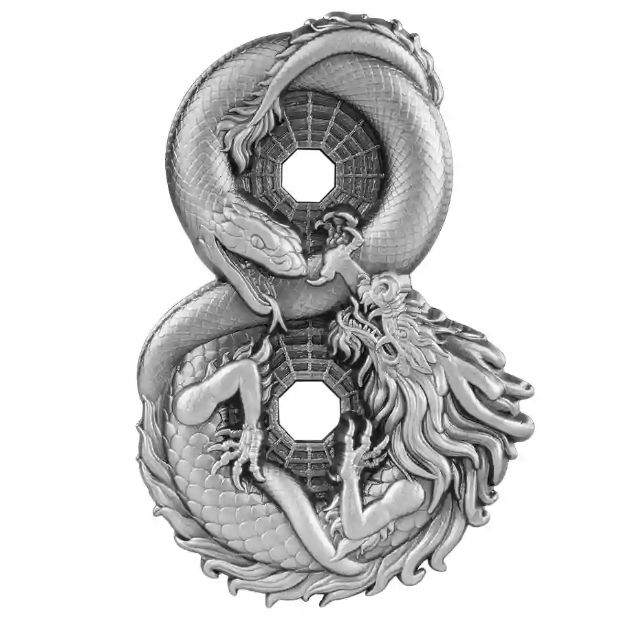 rev 2025 Chad 3 Ounce Figure 8 Dragon & Snake Ultra High Relief Antiqued Silver Coin
