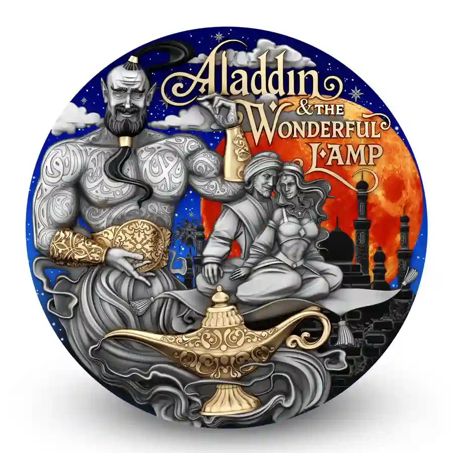 rev 2025 Niue 2 Ounce Aladdin's Wonderful Lamp UV Colored Antiqued Silver Coin