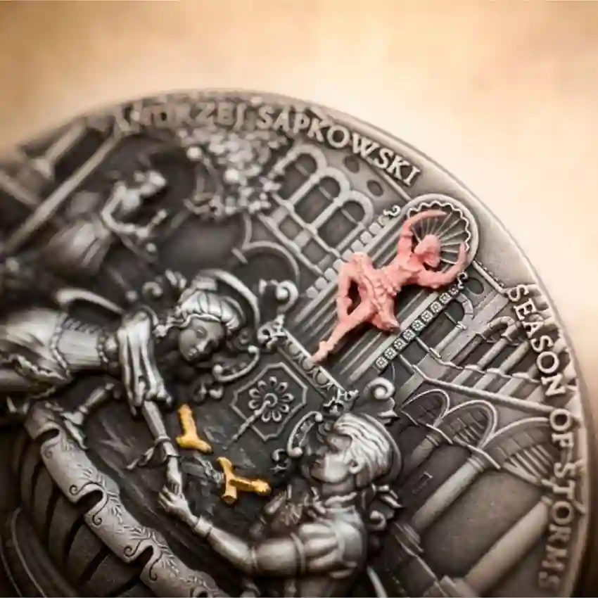 detail 2025 Niue Witcher Season of Storms High Relief Gilded Silver Coin