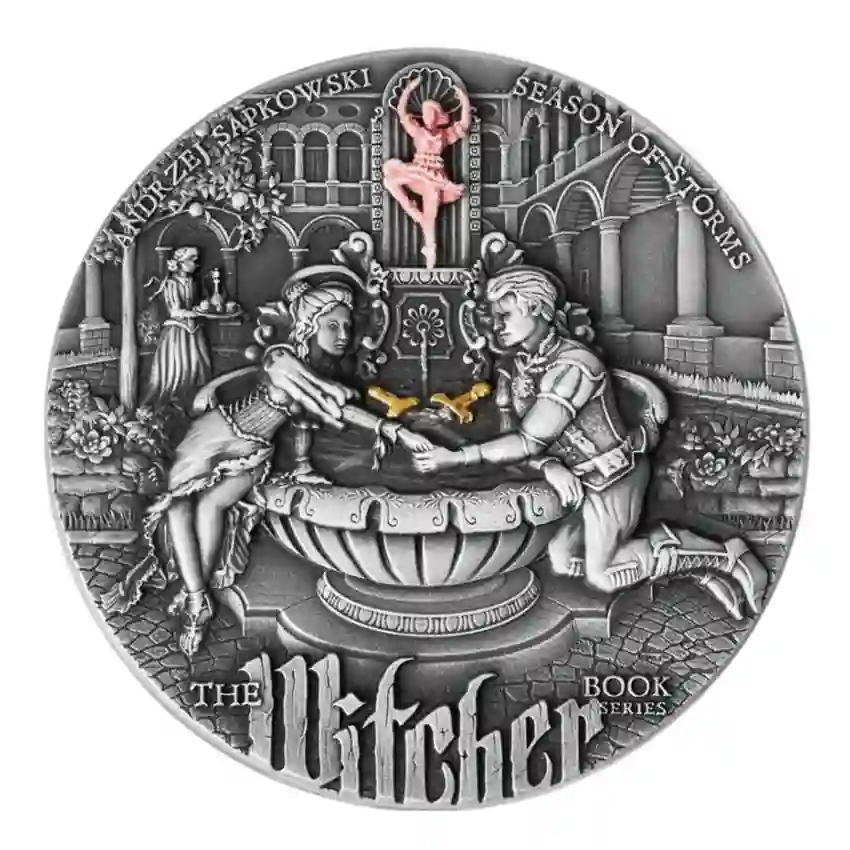 rev 2025 Niue 2 Ounce Witcher Season of Storms High Relief Gilded Silver Coin