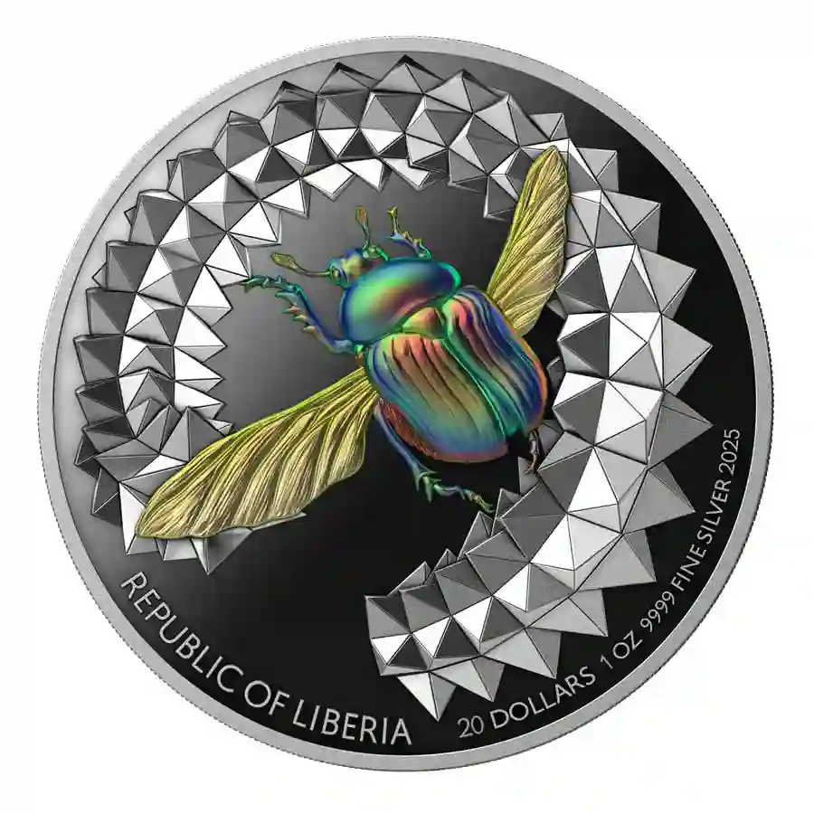 Scarabeo_Color_1oz 2025 Liberia 1 Ounce Entoma Scarabeo Ultra High Relief Color Silver Proof Coin
