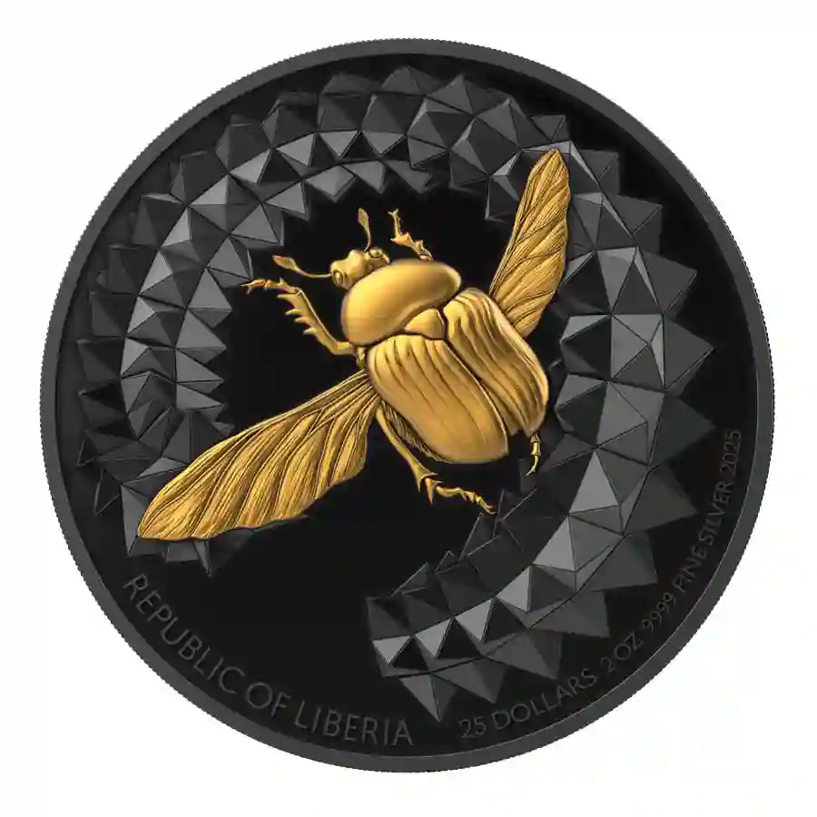 Scarabero_Gold_Obverse_2oz 2025 Liberia 2 oz Entoma Scarabeo 24K Ruthenium Silver Proof Coin