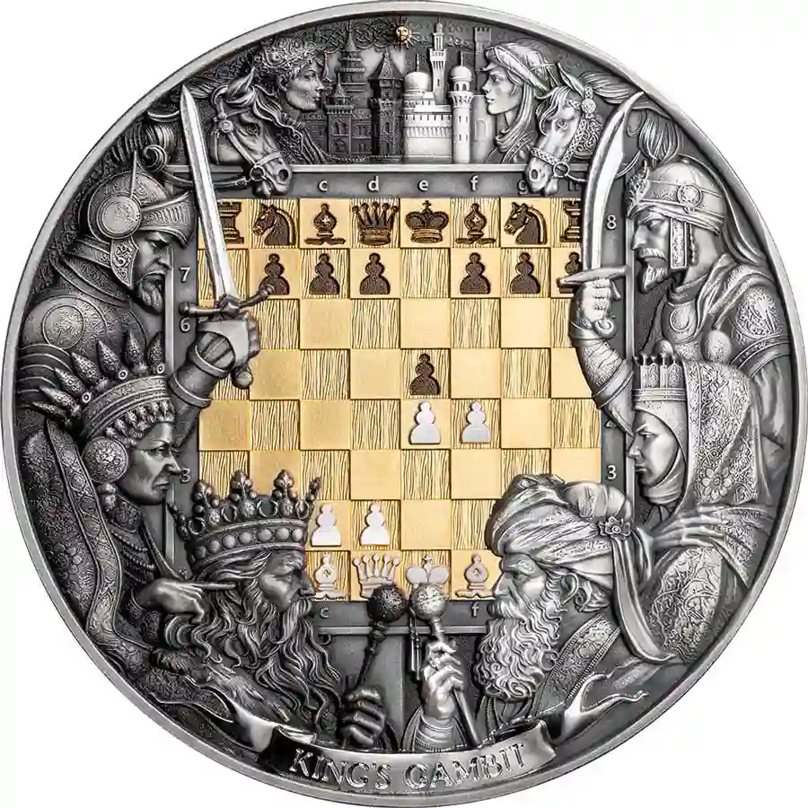 king-rev 2025 Niue 3 Ounce King's Gambit 24K Gilded Antique Finish Silver Coin