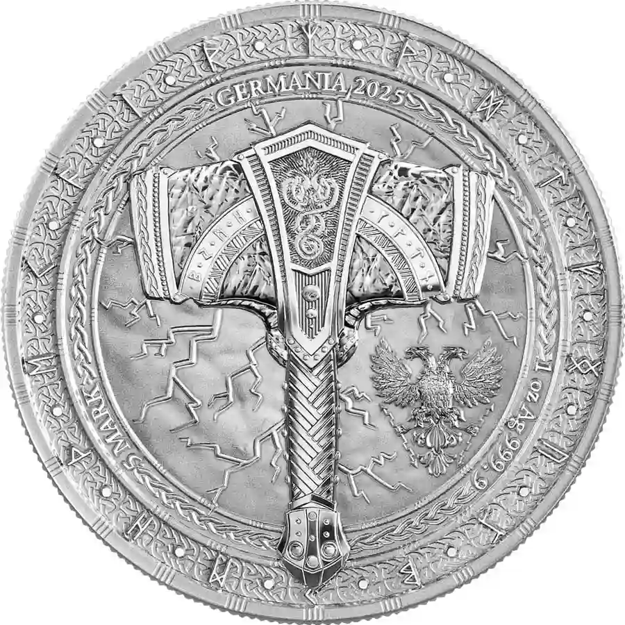 2025-artefacts-mjolnir-1-oz-obv 2025 Germania 1 oz Artefacts Mjolnir 5 Mark BU Silver Round