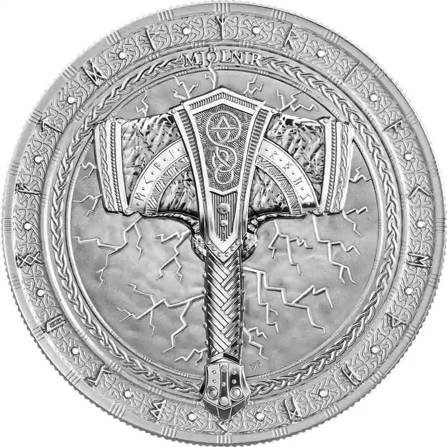 2025-artefacts-mjolnir-1-oz-rev 2025 Germania 1 Ounce Artefacts Mjolnir 5 Mark BU Silver Round
