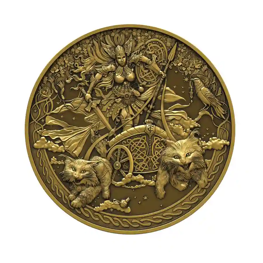 gold-rev 2026 Equatorial Guinea 2 Ounce Freyja Antiqued Gold Finish Silver Coin