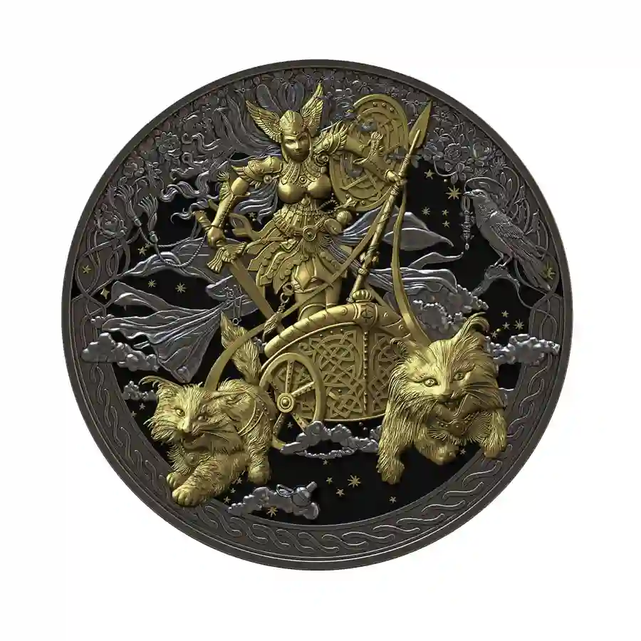 ruth-rev 2026 Equatorial Guinea 2 Ounce Freyja 24K Gilded Ruthenium Silver Coin