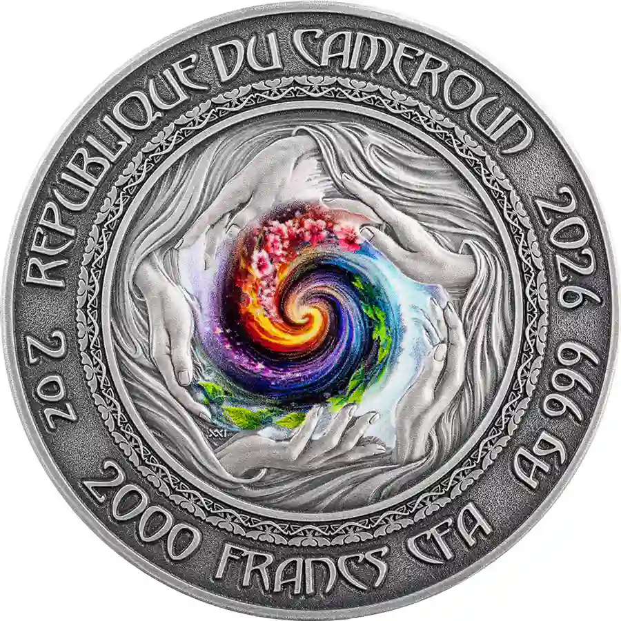 dryad-obv 2026 Cameroon 2 oz Nature Spirits Dryad Color Antiqued Silver Coin