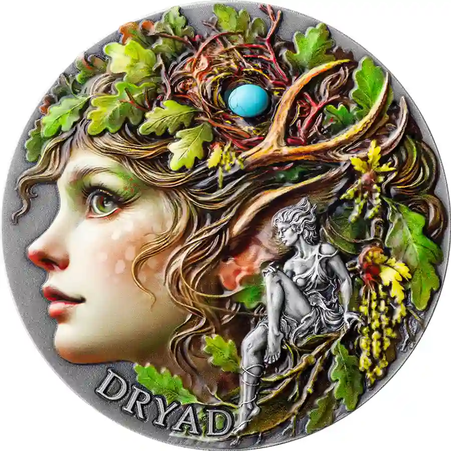 dryad-rev 2026 Cameroon 2 Ounce Nature Spirits Dryad Color Antiqued Silver Coin