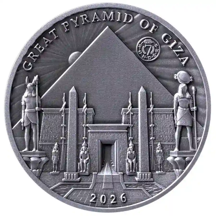 giza-silver-rev 2026 Solomon Islands 100 Gram 4-Layer Pyramids of Giza High Relief Silver Coin