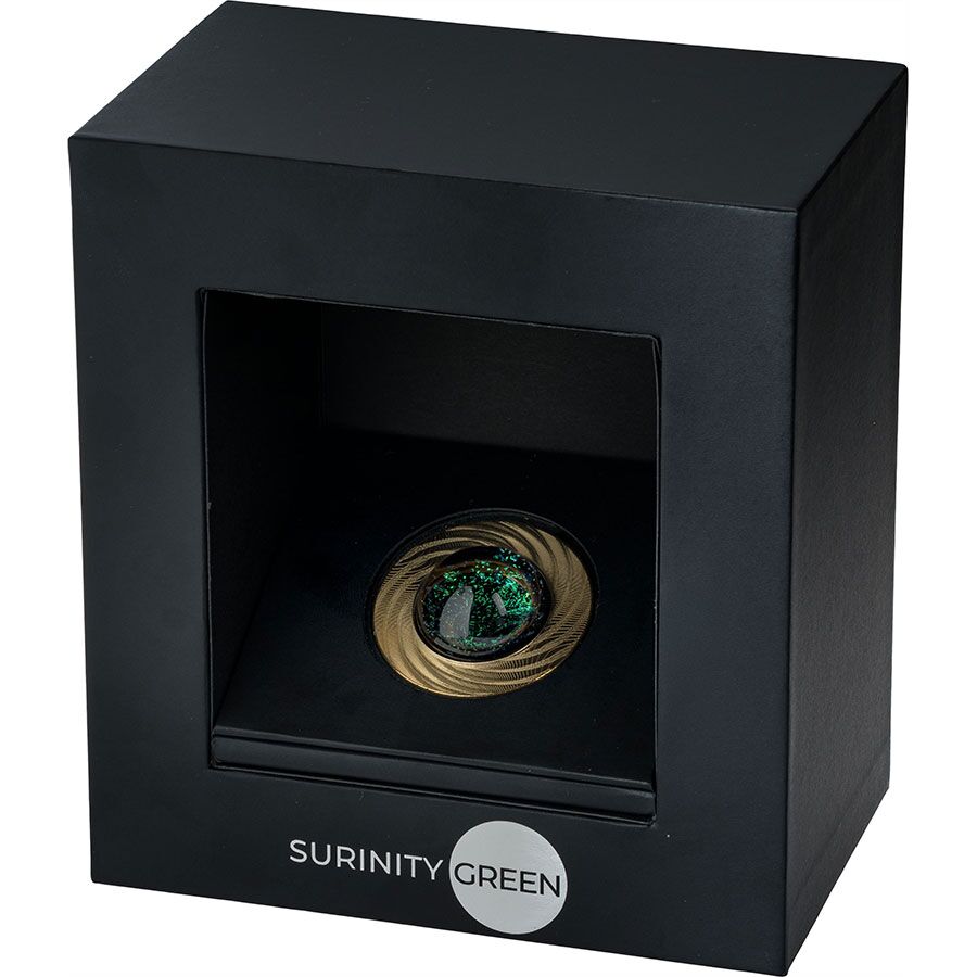 green-box 2025 Kevin O'Grady Surinity Green Glass Sphere Silver Coin, now at Art in Coins