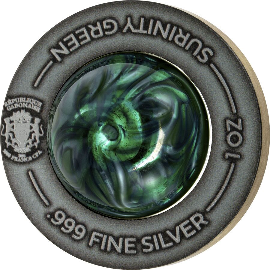 green-obv 2025 Gabon Surinity Handmade Green Glass Sphere Silver Coin