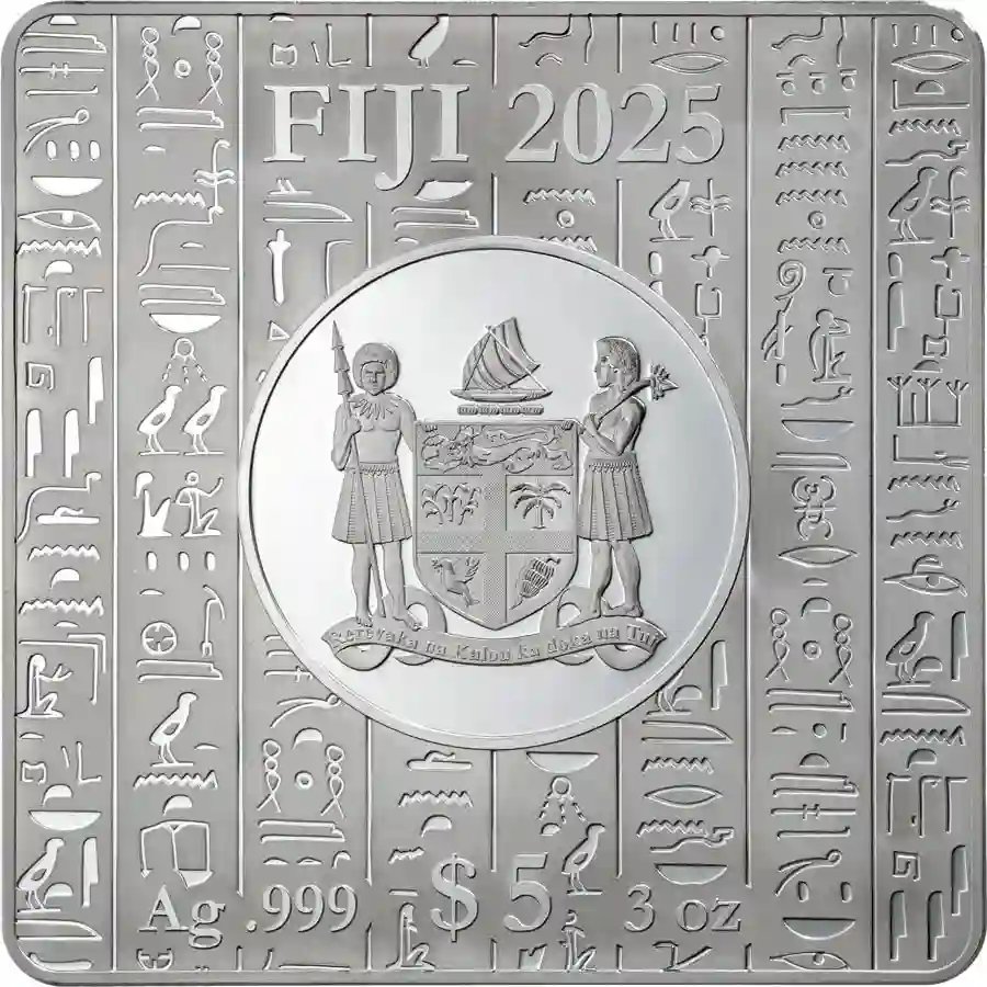 pyramid-obv 2025 Fiji 3 oz Great Pyramids of Giza Libyan Gemstones Silver Coin
