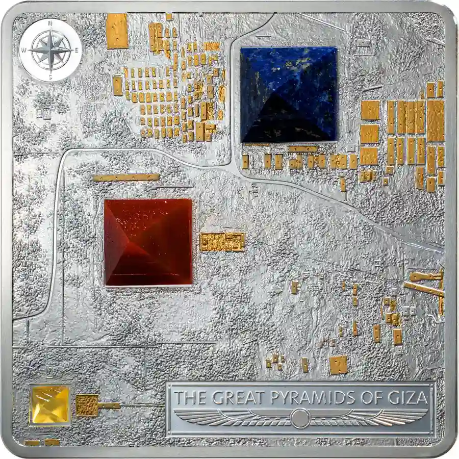 pyramid-rev 2025 Fiji 3 Ounce Great Pyramids of Giza Libyan Gemstones Silver Coin