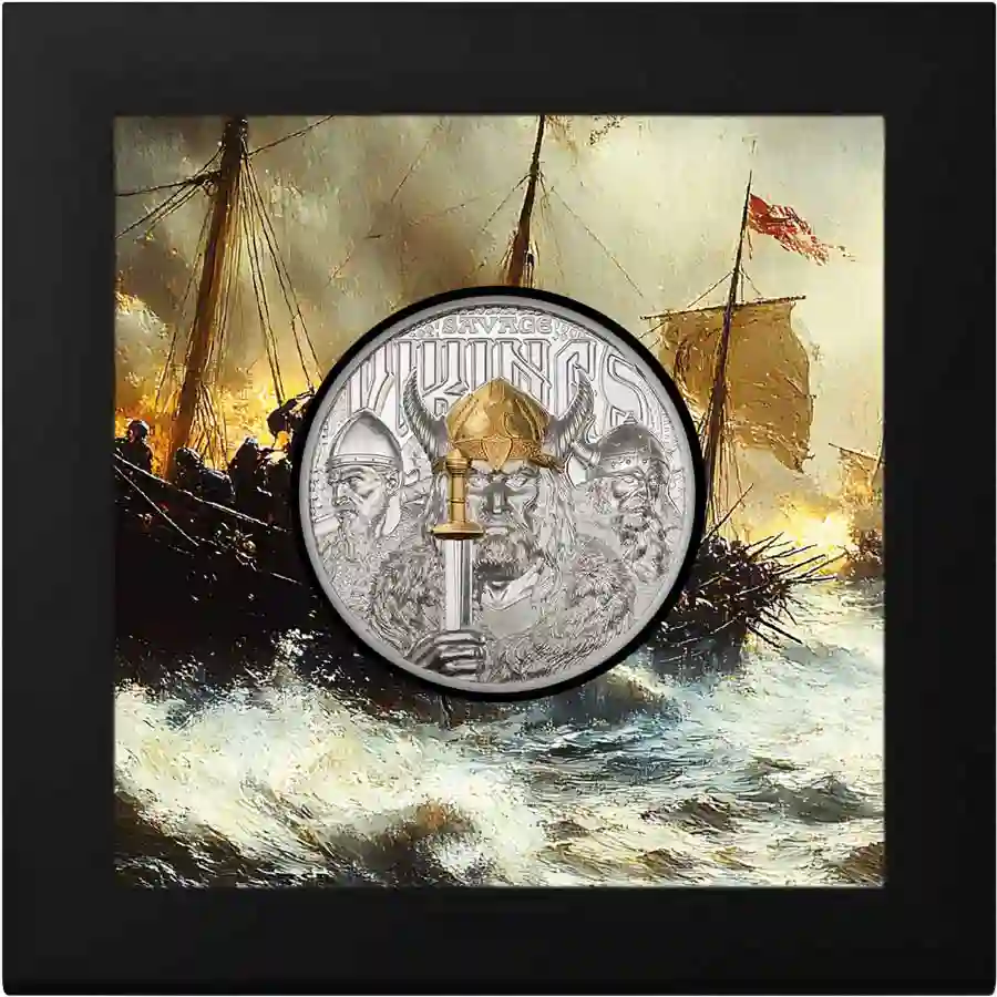 viking-3-oz-box 2026 3 Ounce Legends Savage Vikings 24K Plated Silver Proof Coin