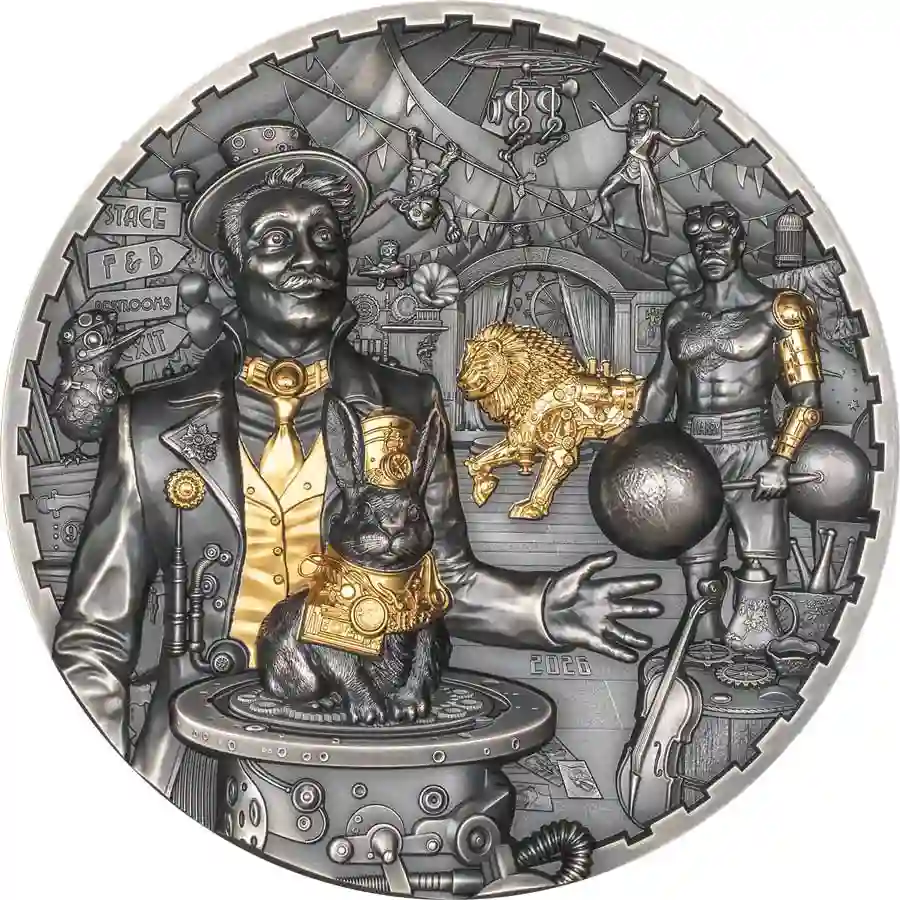 carnival-rev 2026 Cook Islands 1 Kilogram Steampunk Carnival High Relief Gilded Silver Coin