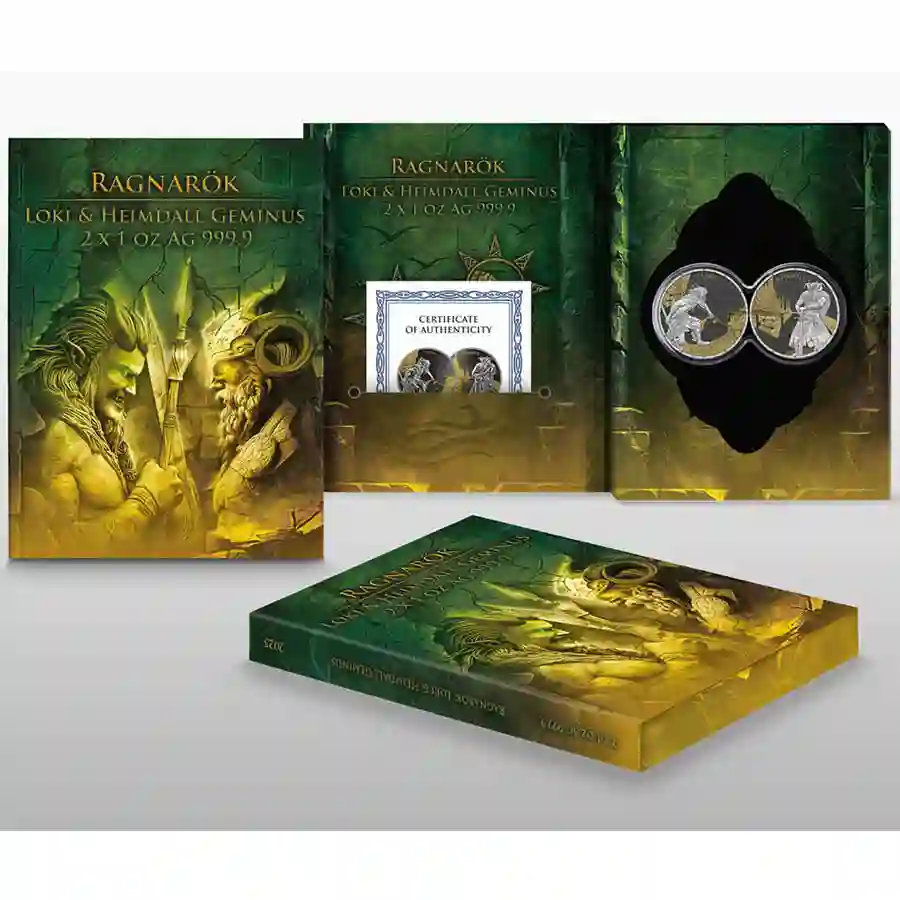 geminus-set 2025 Germania 2 X 1 Ounce Ragnarok Loki & Heimdall Geminus Silver Coins