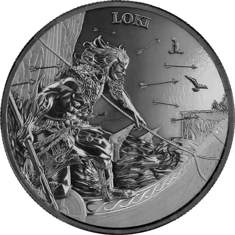 loki-rev 2025 Germania 1 Ounce Ragnarok Loki 5 Mark Black Silver Round