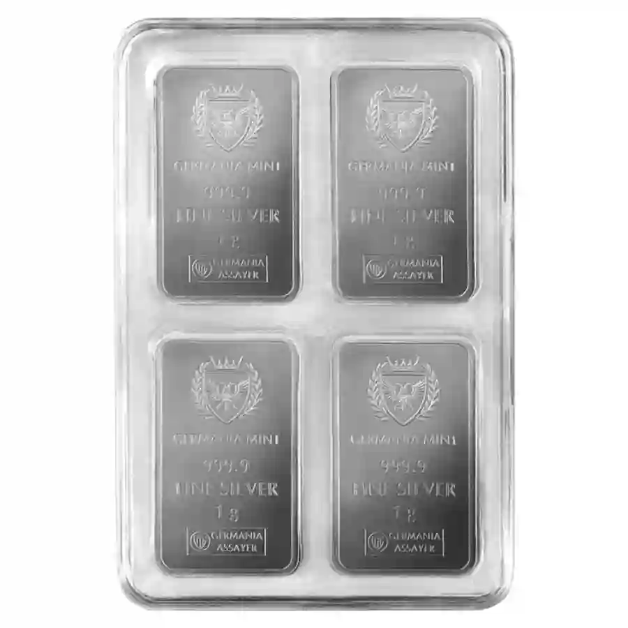 multi-rev Germania Mint 100 X 1 Gram 99.99% Minted Silver MultiBar