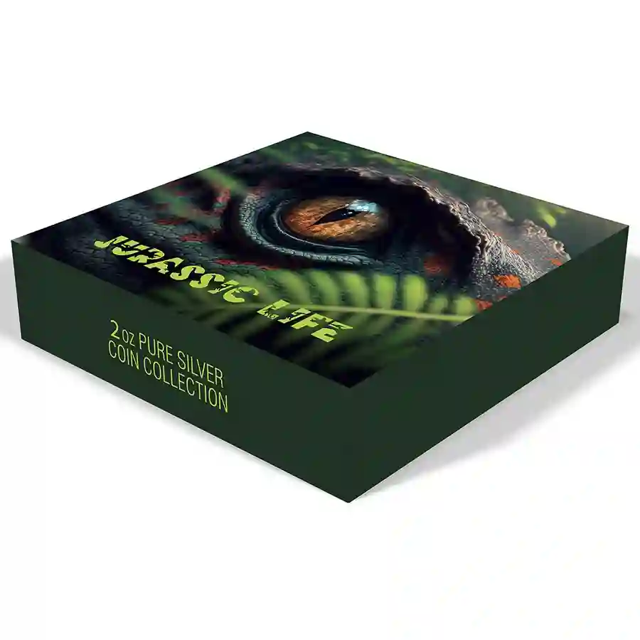 velociraptor-HR-box 2025 Velociraptor Colored UHR Silver Coin