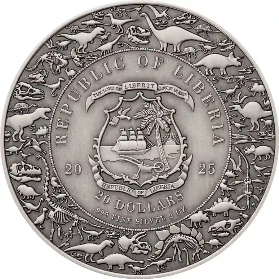 velociraptor-HR-obv 2025 Liberia 2 oz Jurassic Life Velociraptor Colored UHR Silver Coin