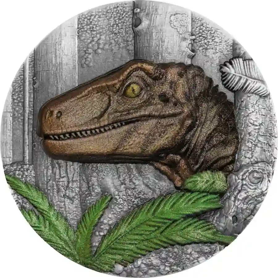velociraptor-HR-rev 2025 Liberia 2 Ounce Jurassic Life Velociraptor Colored UHR Silver Coin