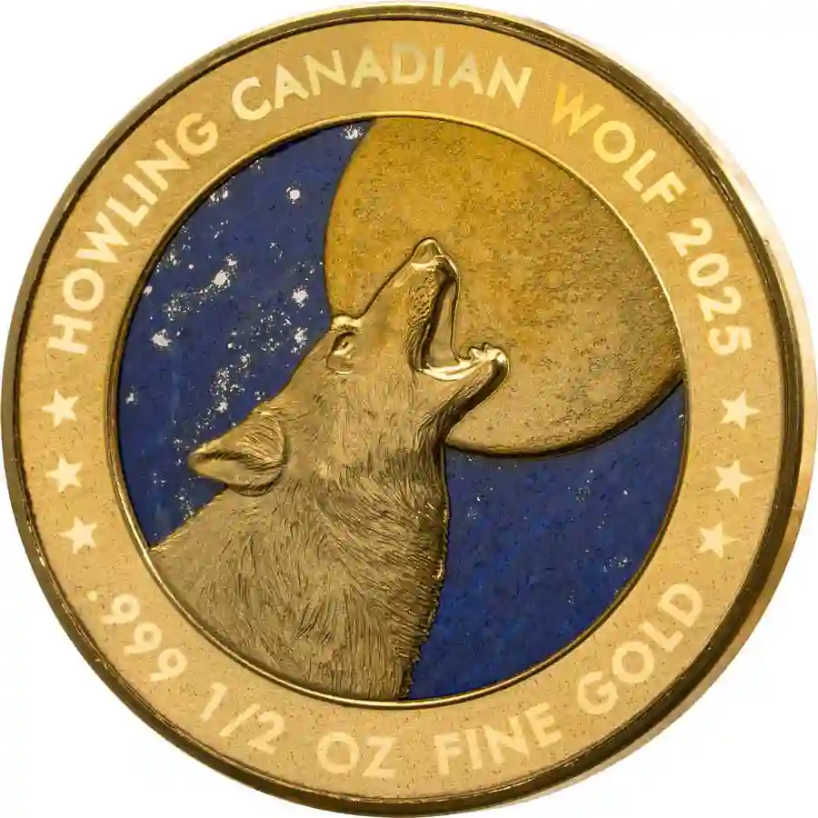 wolf-rev 2025 Gabon 1/2 Ounce Howling Wolf Jeweluxe Lapis Lazuli Gold Coin
