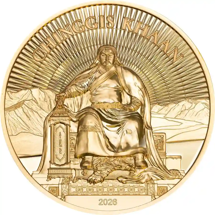 chinggis-1oz-gold-rev 2026 Mongolia 1 Ounce Chinggis Khaan Ultra High Relief Gold Proof Coin