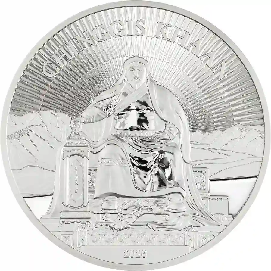chinggis-1oz-silver-rev 2026 Mongolia 1 Ounce Chinggis Khaan Ultra High Relief Silver Proof Coin