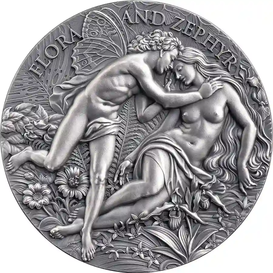 flora-rev 2026 Cameroon 2 Ounce Flora & Zephyr Celestial Beauty High Relief Silver Coin